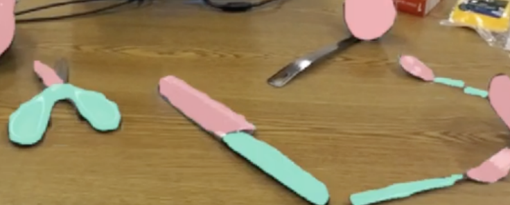 Image from the CookAR prototype: kitchen items scattered on a table. Green color over handles shows grabbable areas. Red/pink overlays indicate hazards such as blades or potentially hot and food-containing areas.